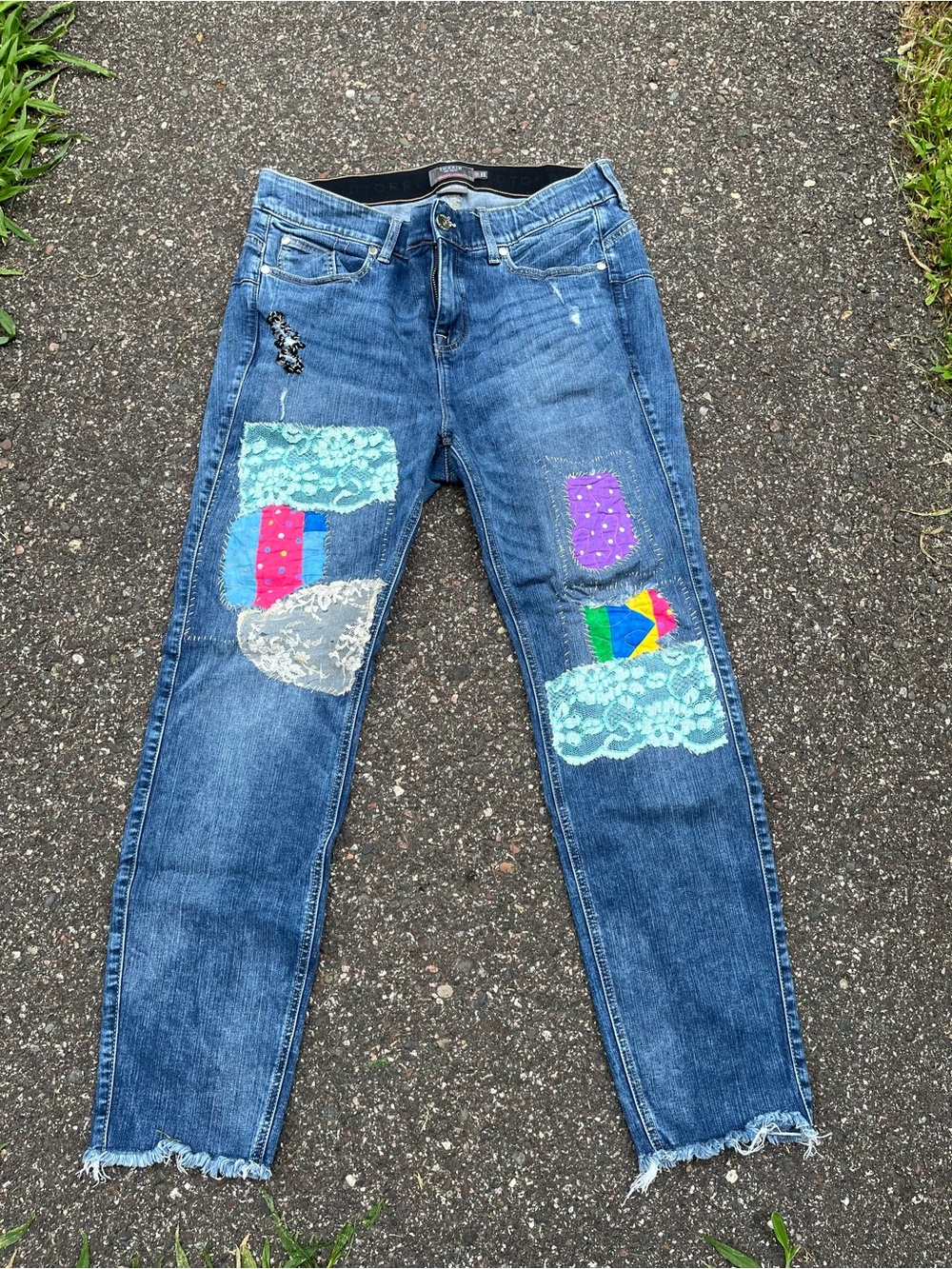 torrid Blue Straight-Leg Jeans with Multicolor Patchwork